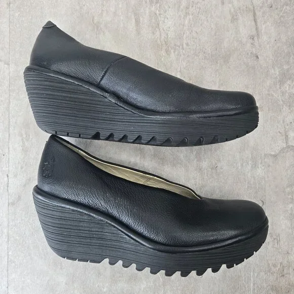 Fly London Wedge Pumps Black Minimalist Retro Chunky Platform Comfort Wedges - Picture 5 of 11